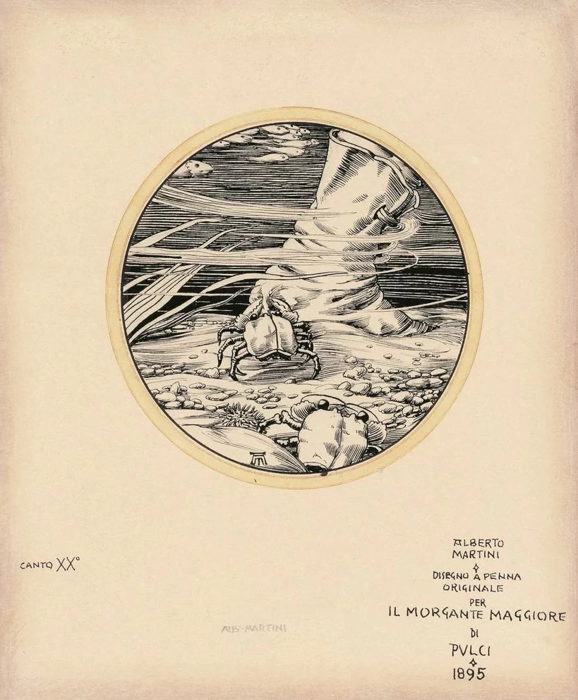 Tondo - con, granchio, e, stivale., Canto, XX, illustrazione, per, il, Morgante, Maggiore, di, Luigi, Pulci, 1895., Courtesy, Galleria, Carlo, Virgilio